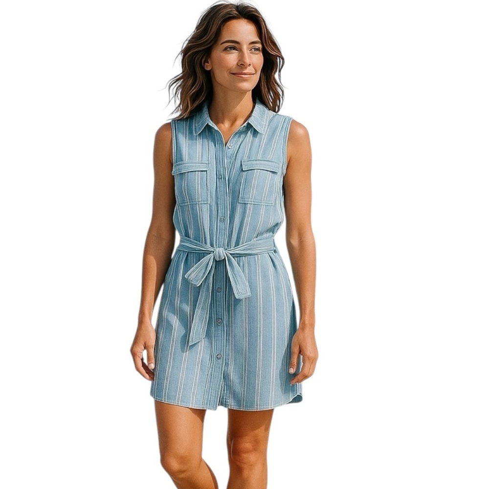 Isaac Mizrahi Blue & White Sleeveless Striped Shirt Dress Size 14 with Pockets